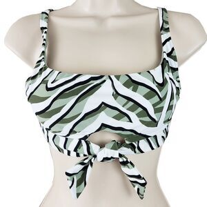 Bar III Bikini Top Size Medium Green White Geo Print Tie Front Womens